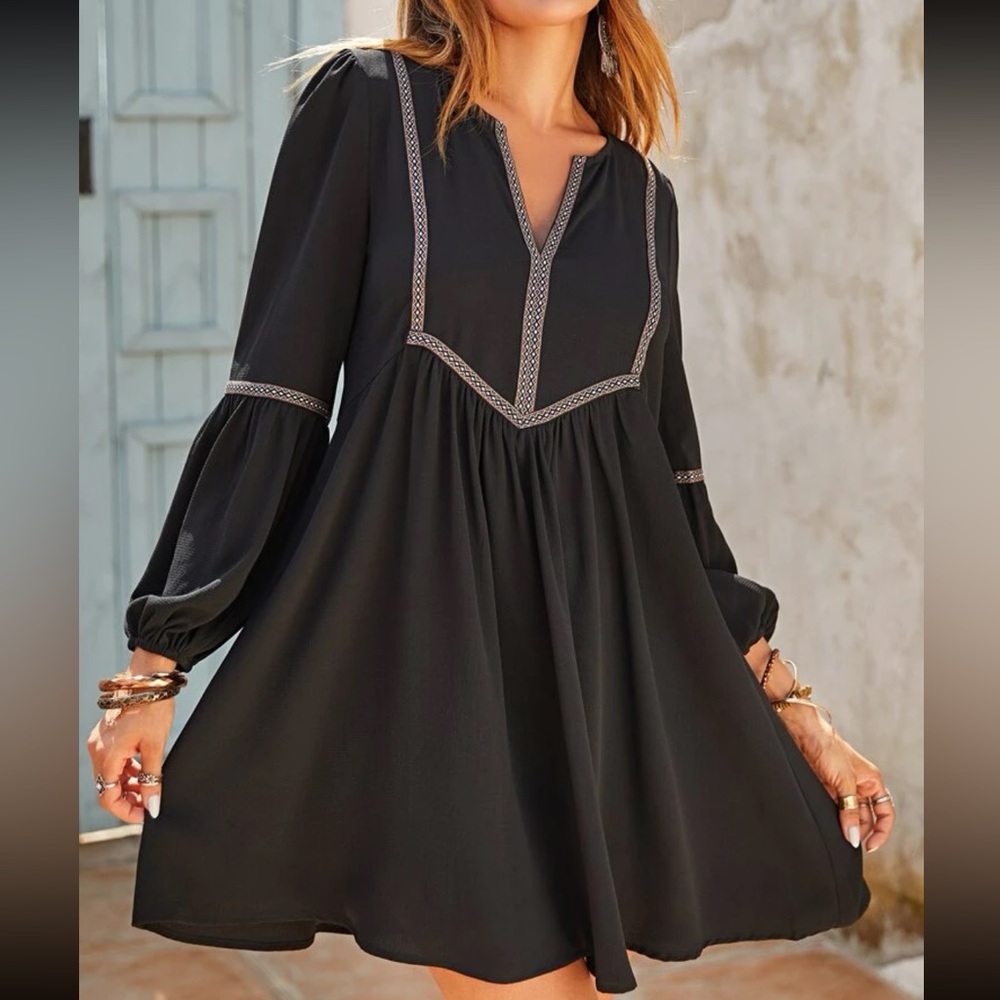 Boho notched neck smock dress